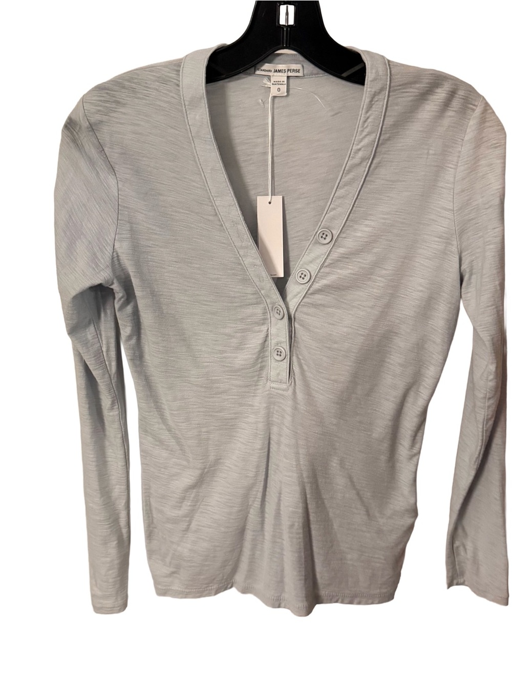 James Perse Women’s Jersey Henley Top V-neck Long Sleeves Glacier Sz XS (0) NWT